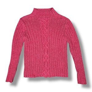 LL Bean Cotton Sweater Mock Neck Cable Fisherman Knit Washed Red Classic Sz M